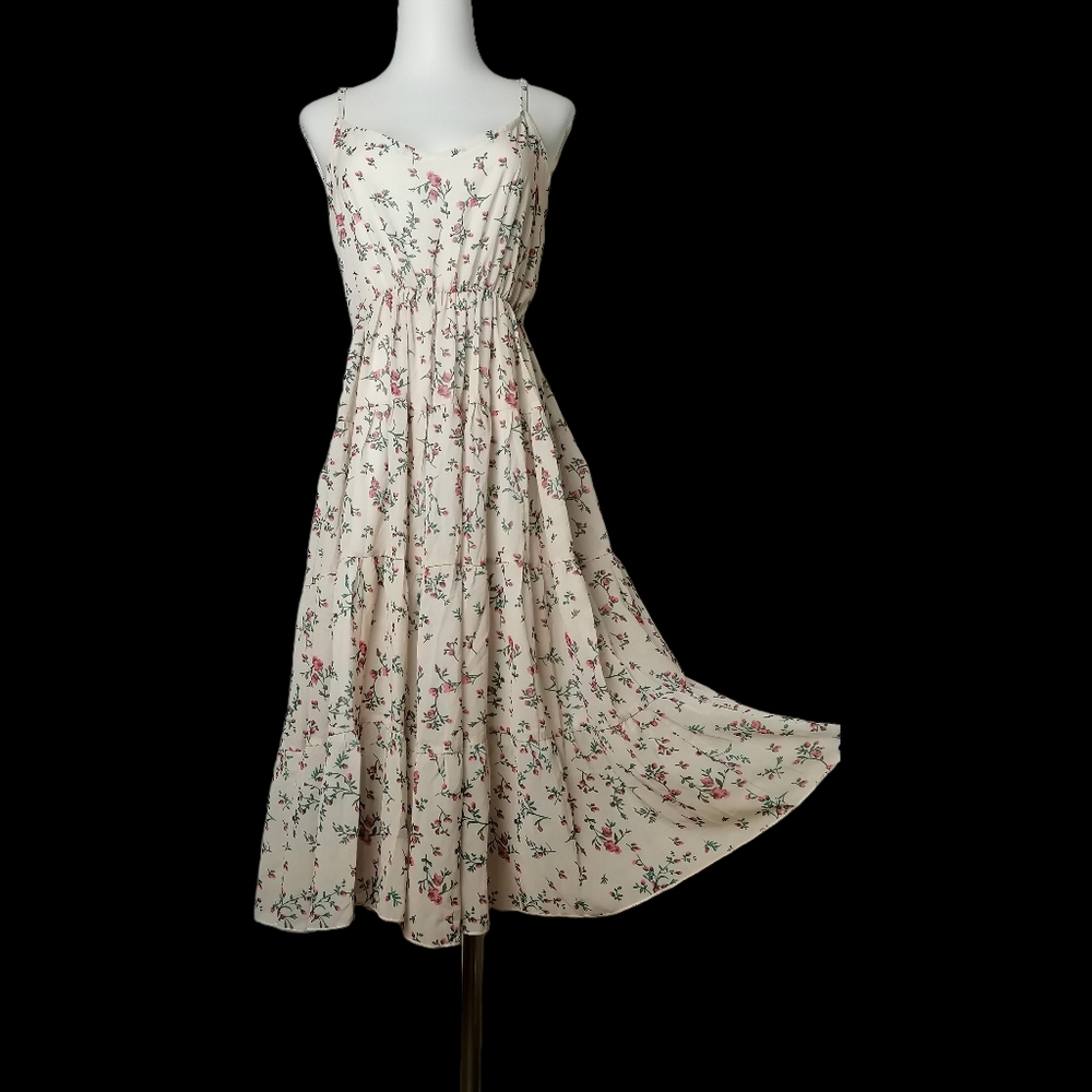 🐝  XL, fits M, wheat color floral dress with thin shoulder straps